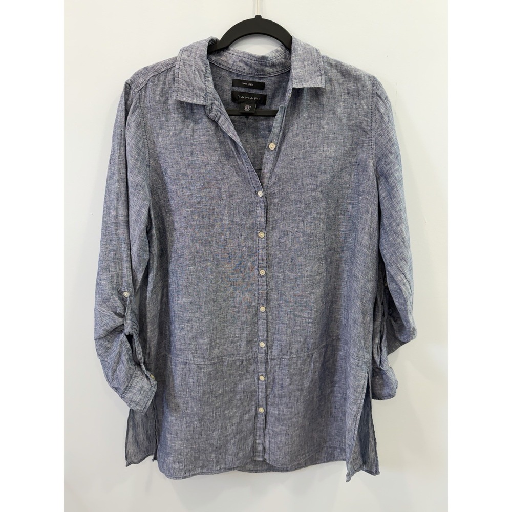 Tahari Blue 100% Linen Button Down Shirt Small Coastal Beachy